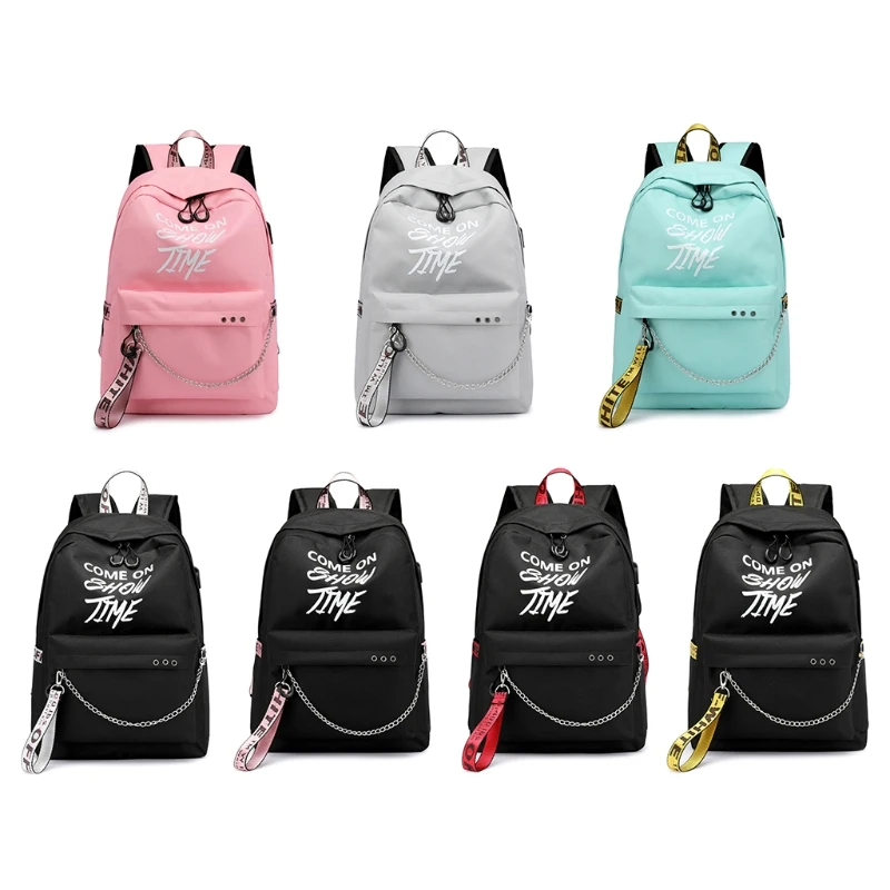 baratas THINKTHENDO Poliéster Laptop Backpack Bolsa Escola Bolsa de Viagem À Prova D Água Luminosos Letras Imprimir Carregador USB