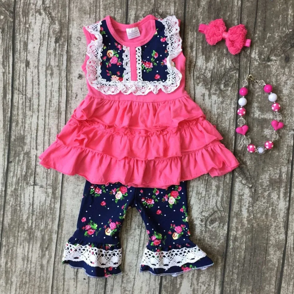 spring summer baby girls suit boutique clothes hot pink floral ruffles capris sets girls lace