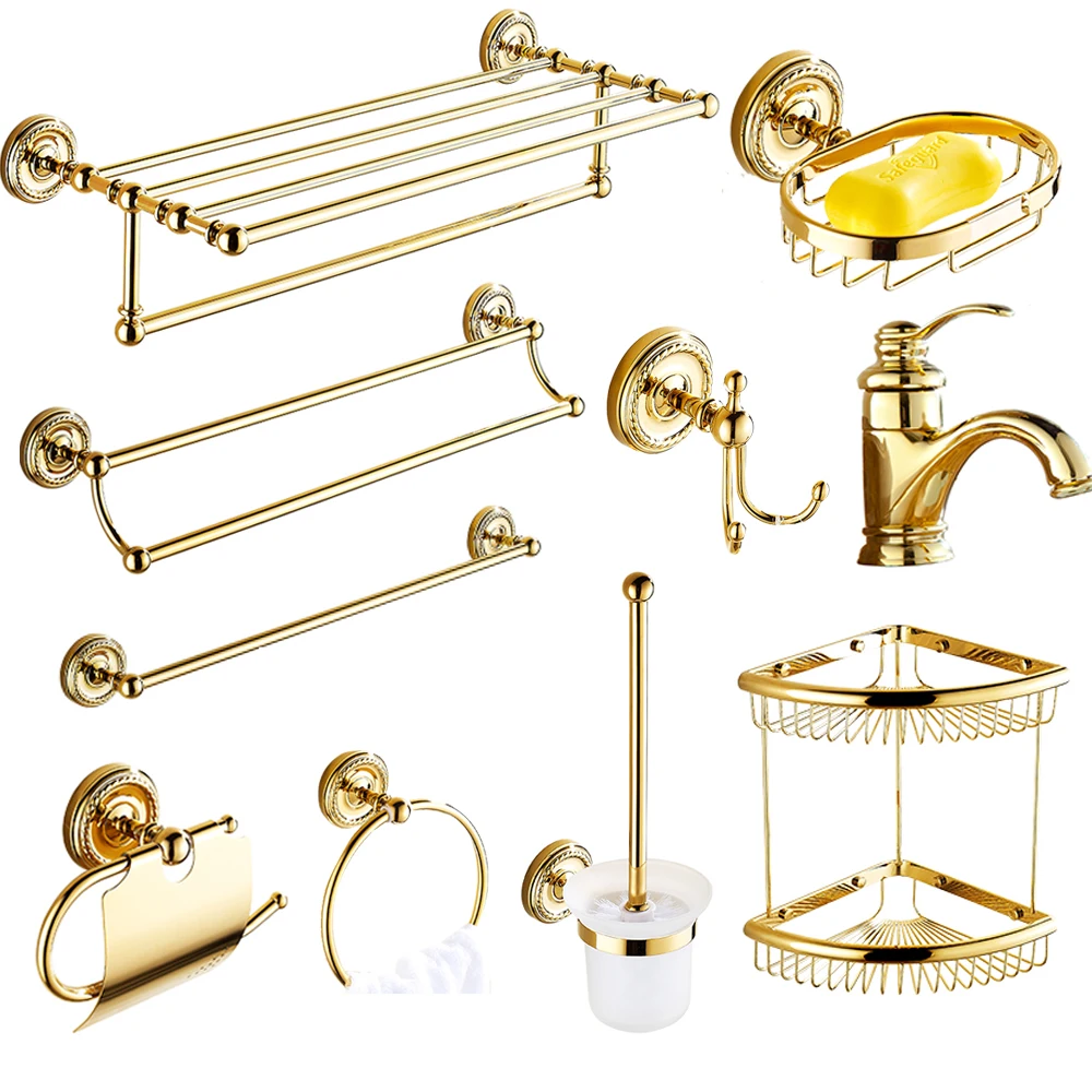 

European creative bathroom four-way objects rack all copper gold-plated bathroom single tooth cup hardware pendant set