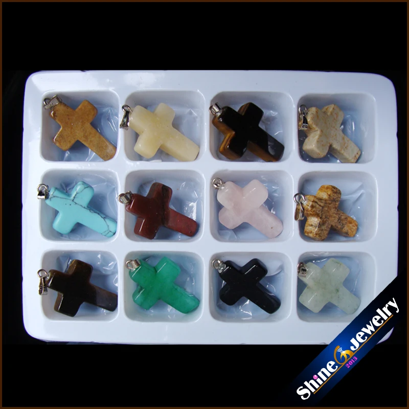 

Wholesale 12 pcs 18x25x5 mm Mix Cross Necklace Pendants Natural Stone Beads in Box Specimens Crucifix fit Jewelry Making -HSY03