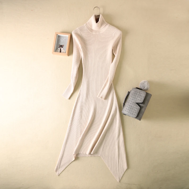 

2018 spring Latest style Women's Knitted Pure Wool Dress Long style Solid color Turn-down collar A fishtail dress Free Shipping