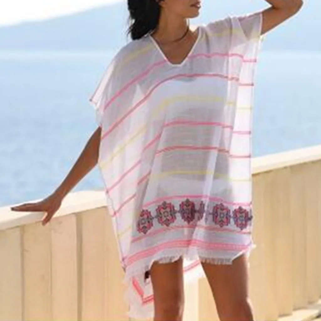 

2019 Summer Women Pullover Striped Bikini Cover Up Patchwork Beach Dresses Kaftan Beach Tunics Swimsuit Robe De Plage Pareos