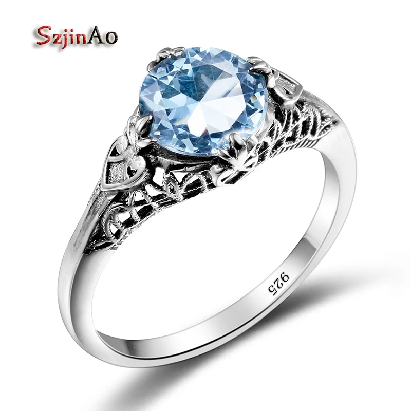 

Szjinao Famous Brand Love Rings for Women Blue Aquamarine Handmade Genuine 925 Sterling Silver Jewelry Ring Spinner Finger
