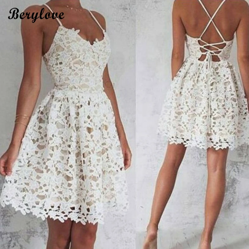 

BeryLove Short Lace Homecoming Dress 2019 Champagne Spaghetti Straps Grade Graduation Cocktail Gown vestido de formatura curto