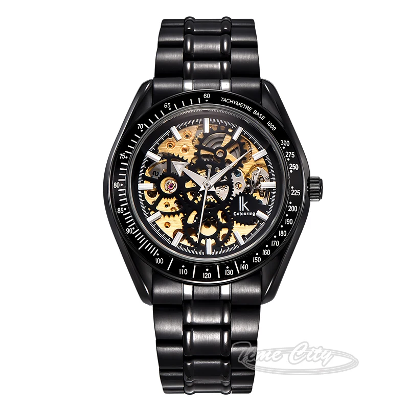 Black Silver Super Glow IKcolouring Men Self Wind Automatic Mechanical Watch Skeleton Hollow Steel Strap Fashion