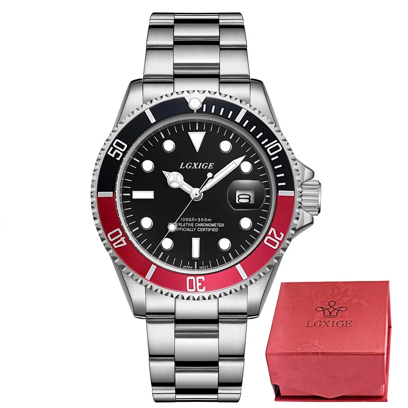 Горячая Распродажа, водонепроницаемые мужские часы, полностью стальные зеленые кварцевые часы, люксовый бренд, модные часы Submariner, мужские наручные часы - Цвет: red black with box
