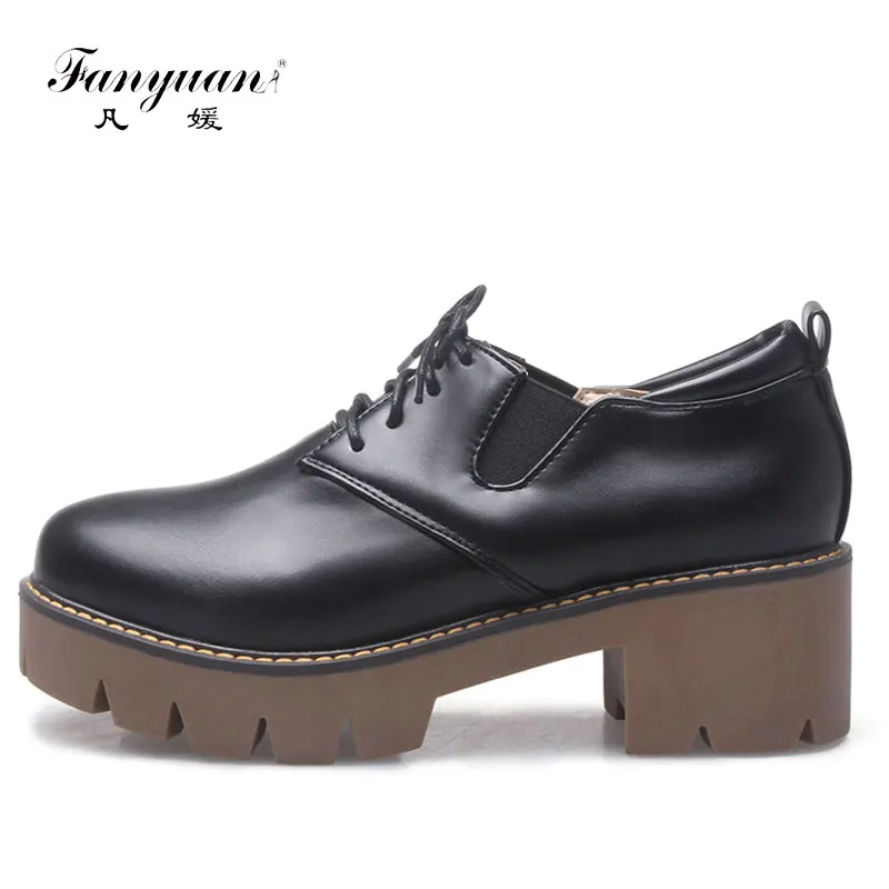 

Fanyuan New Fashion med square heel Platform women shoes Outdoor activities soft lady lace-up Pumps sapato feminino Big size