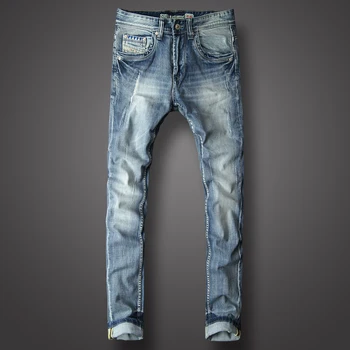 

Italy Style Fashion Men Jeans Light Blue Slim Fit Destroyed Ripped Jeans Men Elastic Hip Hop Pants hombre Classical Jeans homme