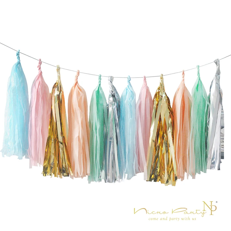 

Nicro 30pcs/lot Paper Tissue Tassel DIY Gold/Peach/Mint Green/Silver/Pink/Blue Hang Garland Tassel Party Baptism Decor Supplies