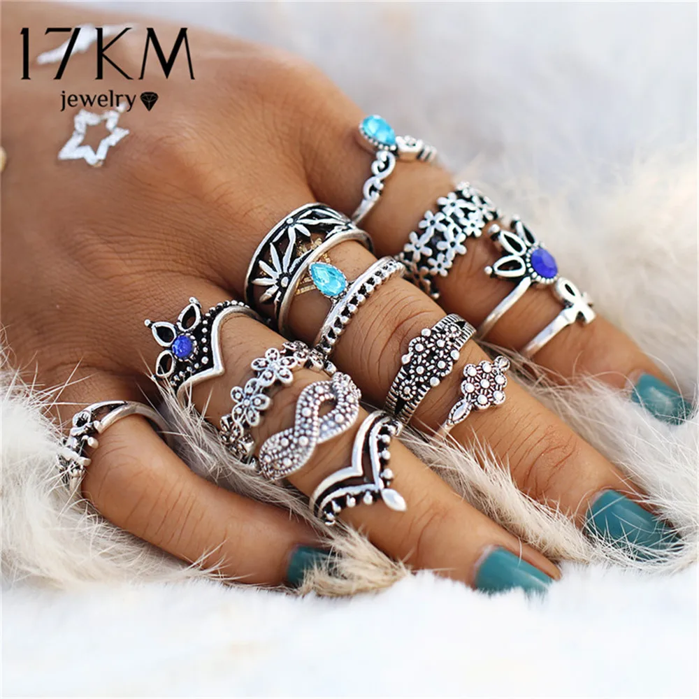 

17KM Retro Flower Infinite Knuckle Rings For Women Vintage Geometric Pattern Crystal Rings Set Party Bohemian Jewelry 13 PCS/Set