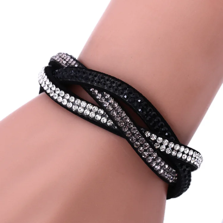 

New Fashion Wrap Slake Velvet Leather Bracelets With Crystal Women's Ladies Braided Rhinestone bracelet Couple Jewelry Gift