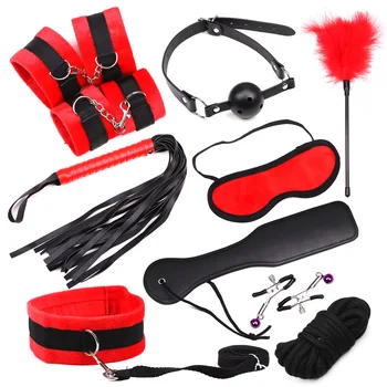 

10pcs Flirt Sex Games Bdsm Collar Bondage Restraints Mouth Gag Handcuffs Sex Toys for Woman Nipple Clamps Ankle Cuffs Masks Rope