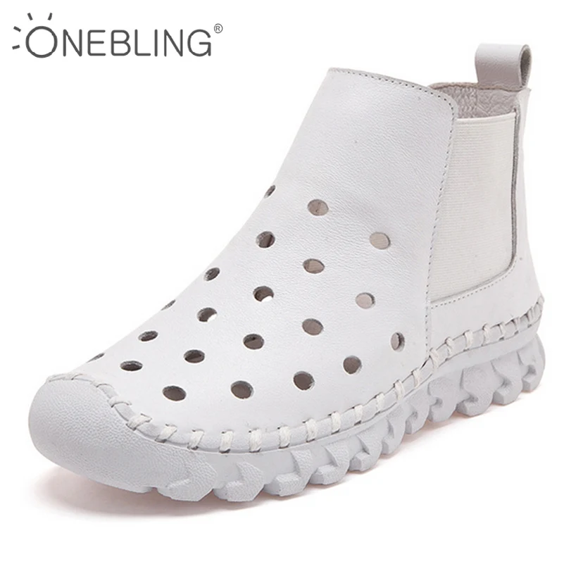 

ONEBLING Genuine Leather Hollow Out Breathable Summer Sandals Boots 2017 Autumn Fashion Sewing Flat Women Flat Ankle Boots Soft