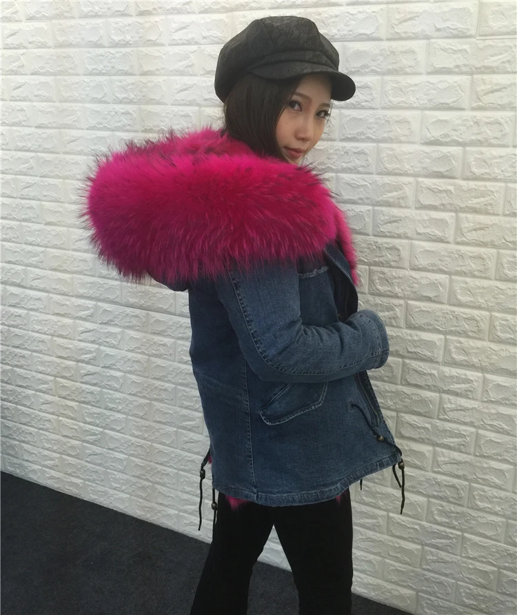 New arrival winter women coat lady Luxury real fur removable liner large raccoon fur denim overcoat fashion jacket outerwear
