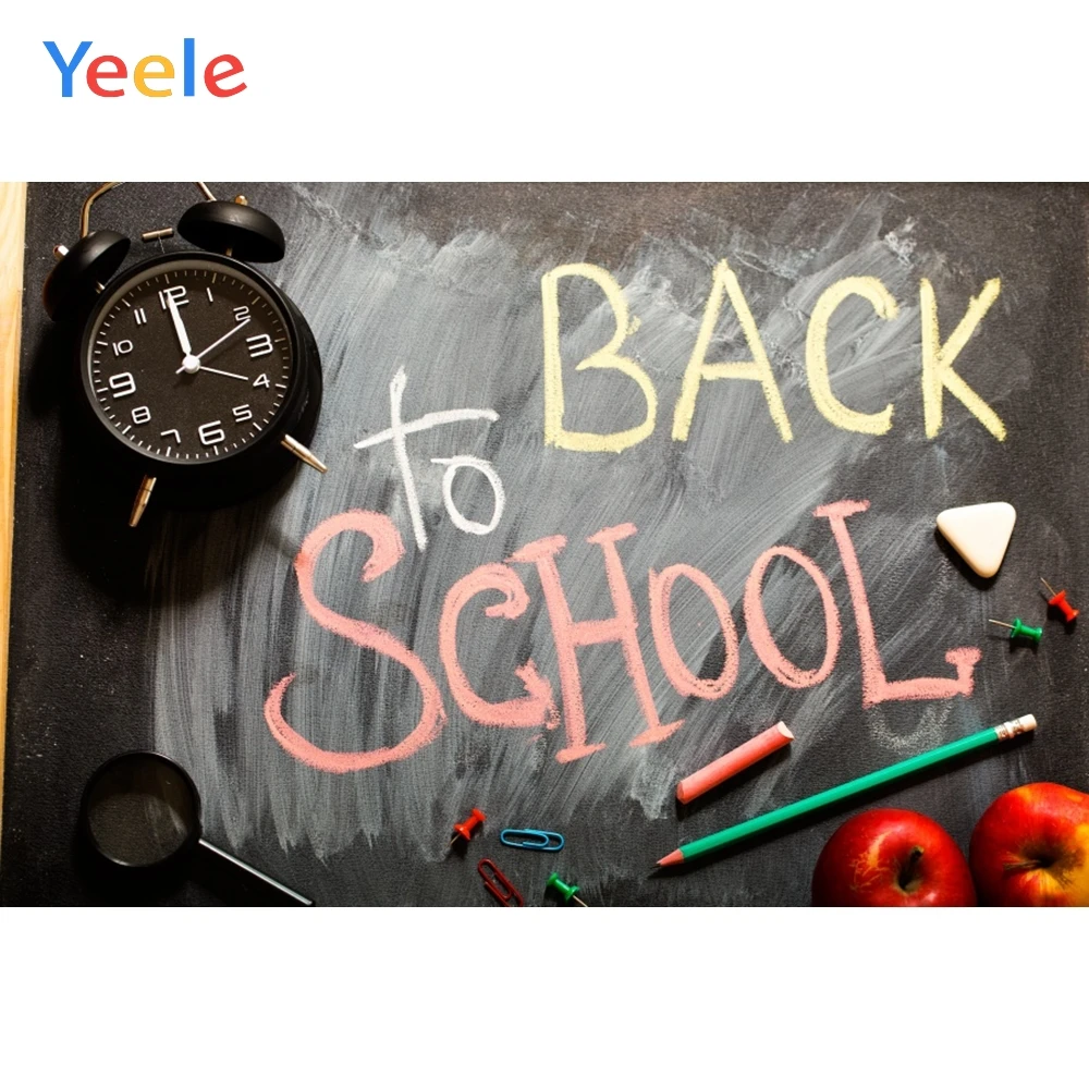 

Yeele Blackboard Pencil Fruits Clock Back to School Photography Background Customized Photographic Backdrops for Photo Studio