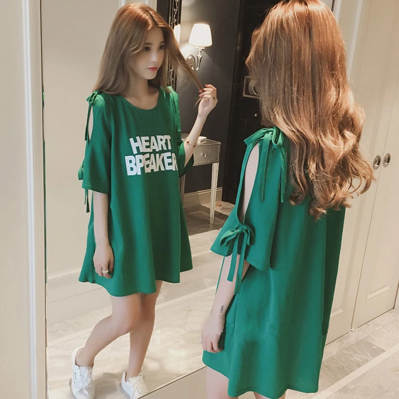 

Pregnant Woman Dress New Summer Cotton Loose Comfortable Casual T-shirt Dress Five Sleeves Bare Shoulder Maternity Clothes
