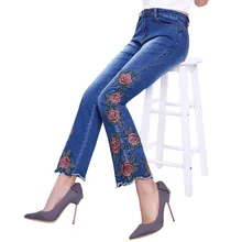 Новые женские джинсы с кроем для женщин вышитые стрейч женские расклешенные брюки женские цветы синие женские джинсы