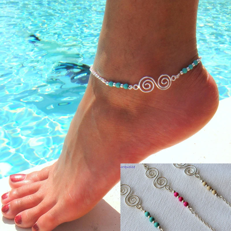 Bohemian Natural Turquoises Beaded Anklets Spiral Alloy Guru Anklet Chain Bracelets for Women Girls