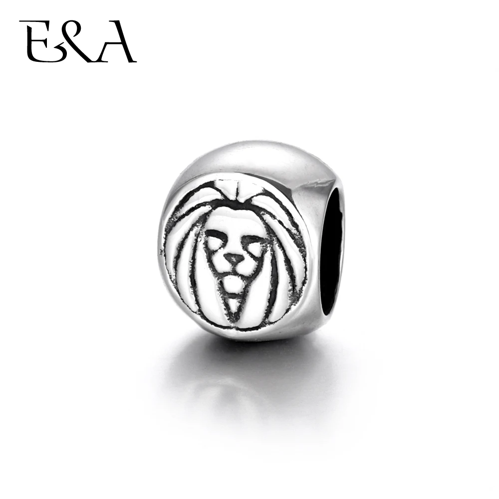 Edelstahlperlen, großes Loch, 6 mm, flach, rund, mit Löwen-Charms, Schieber für Lederband, Armbänder, DIY-Schmuckherstellungszubehör