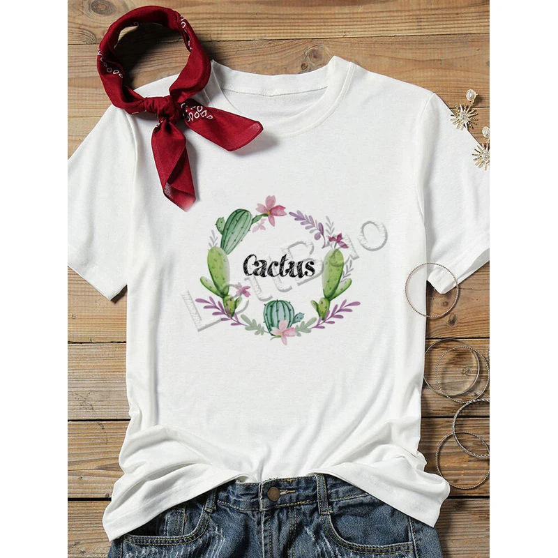 Cactus Plant Flower T-shirt Lady Cute Illustration 100% Cotton O-Neck Soft Casual Art Tops Summer Girl White T-Shirt | Женская одежда