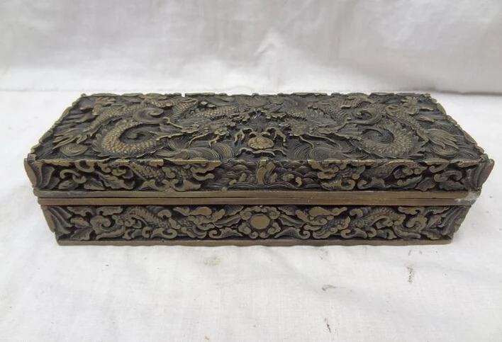 

S2678 8" China Chinese Pure Bronze Old Buddhism Dragon Ball Statue Box Oblong Casket D0317