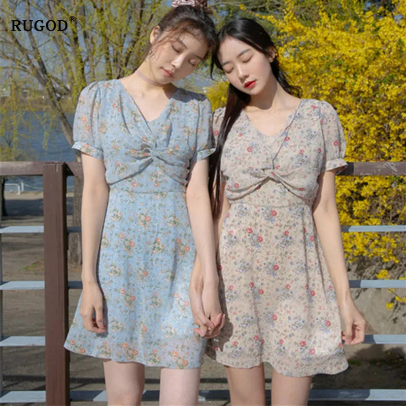 

RUGOD 2019 Summer New arrivals women dress Cross on chest Small floral vestidos de verano V-neck elbise