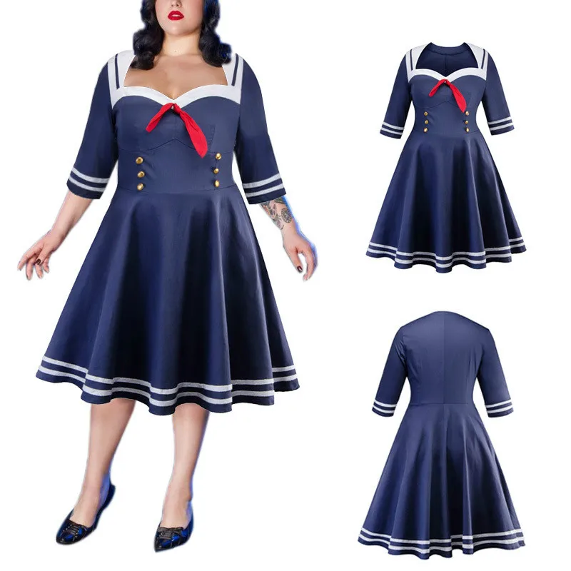

Cosplay Plus Size Retro women Cartoon Blue White Sailor Collar Dresses School Uniform Preppy Cute Tie Short Sleeve Sexy Dress