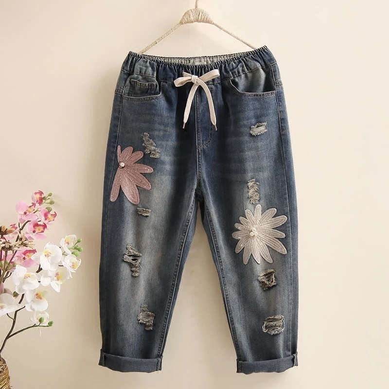 2018 New Summer Jeans Women Casual Elastic Waist Washed