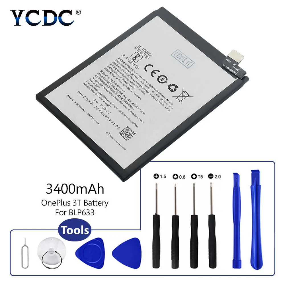 

Lipo Li-Po Li-polymer Rechargeable phone battery Lithium BLP633 Battery For OnePlus 3T 1+ One plus 3T 3400mAh + Repair Tools