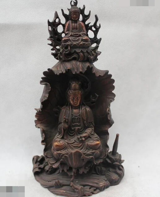 

10"Tibet Tibetan Buddhism Red Bronze Sit lotus flower Kwan-Yin Buddha Statue