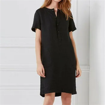 

2019 New Summer Womens Solid Color Dresses Short Sleeve Button Cotton Linen Ladies Summer Dress Oversize 5XL Femme