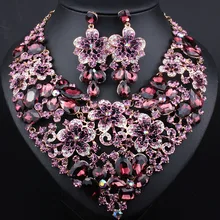 Moda Crystal Rhinestone Nupcial Conjunto Joyería de La Boda Prom Party Accesorios de Oro Pendiente Del Collar Set Para Novias Mujeres
