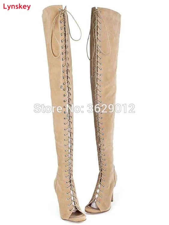 

Lynskey Sexy High Heels Gladiator Shoes Woman Peep Toe Lace Up Thigh High Boots Summer Cut Outs Feminina Bota Over The Knee Boot