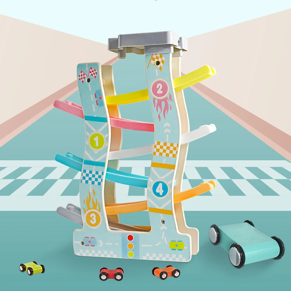 Wooden Slider Click Clack Race Track Playset with 6 Race Cars Vehicel