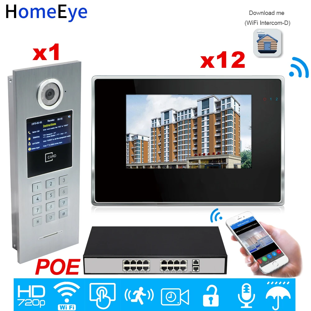 720P WiFi IP Video Intercom Smart Video Door Phone Door Bell Password/RFID Card +POE Switch iOS Android APP Multi-language OSD 720P WiFi IP Video Intercom Smart Video Door Phone Door Bell Password/RFID Card +POE Switch iOS Android APP Multi-language OSD