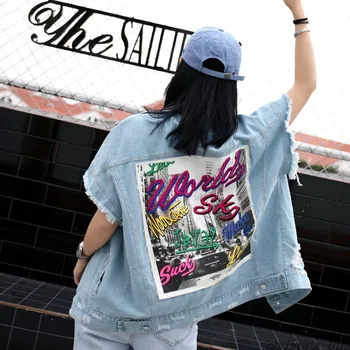 

Harajuku Style Spring Sleeveless Jacket Women Denim Jacket 2019 New Streetwear Fashion Frayed Holes Patchwork Print Jean Jacket