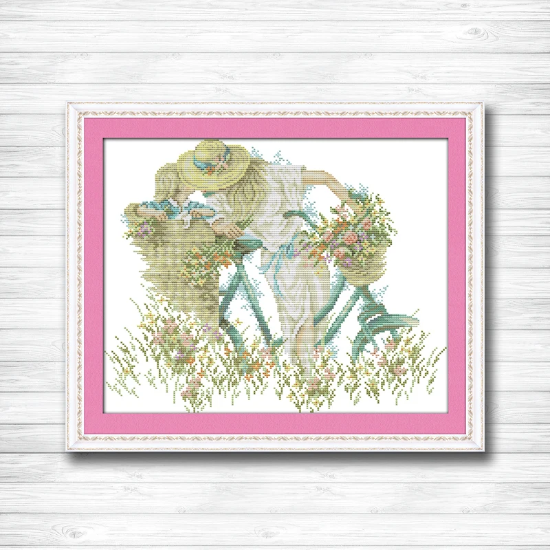 

Mother and daughter with bike 11CT patterns printed on canvas 14CT needlework diy dmc cross stitch chinese Sets Embroidery kits