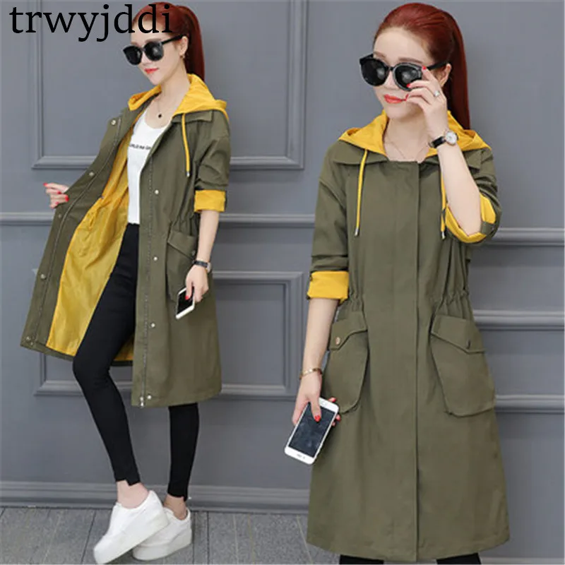 

Harajuku style Hooded Overcoat 2019 Spring Autumn New Ladies waist Korean Long Trench Coats For Women Overoats N475
