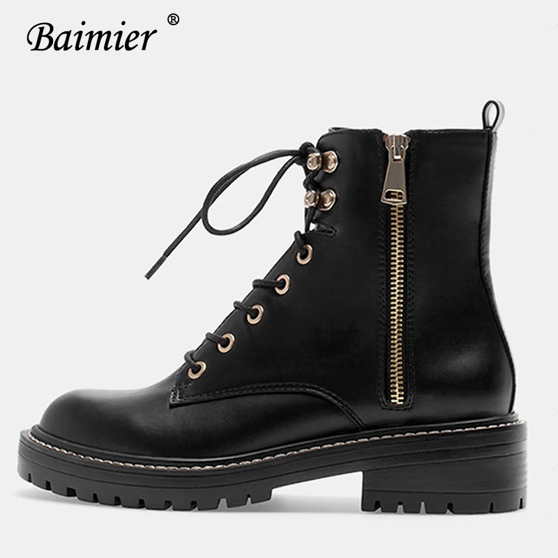 Baimier/зимние женские ботинки из натуральной кожи ботильоны для женщин со шнуровкой на среднем каблуке женские ботинки на платформе с круглым носком и теплым плюшем