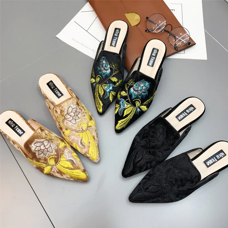 Women Embroider Velet Mules Fur Slides Chiara Ferragni Furry Slipper Flat Heel Platform Flip Flops Slipony