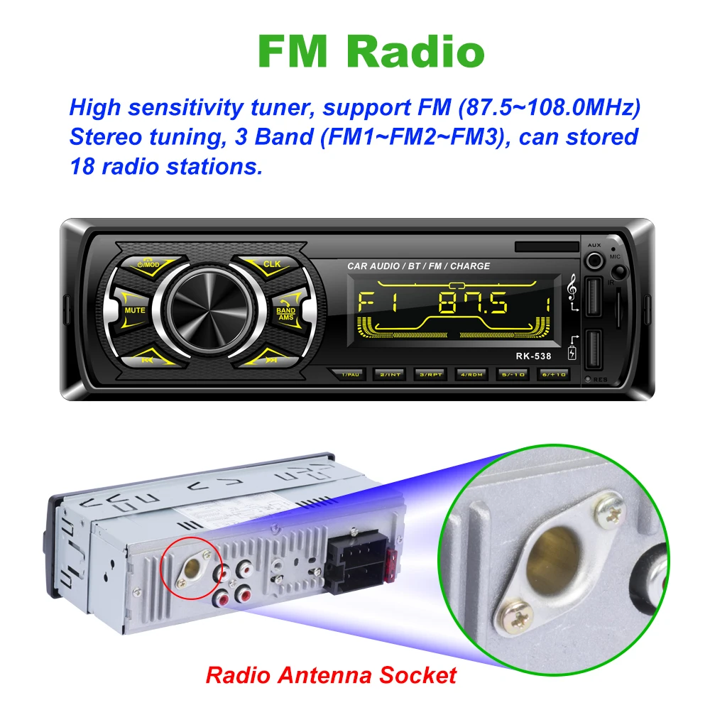 RK-538 зарядное устройство два USB автомобильное радио FM 12 в фиксированная Передняя панель автомобиля аудио MP3 WMA плеер Bluetooth SD AUX SWC пульт дистанционного управления 7388 IC 538 4*45 Вт