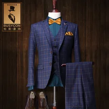 Синий Клетчатый Смокинг, Стройные Свадебные Мужские Костюмы Для Женихов( Blazer+ брюки+ жилет