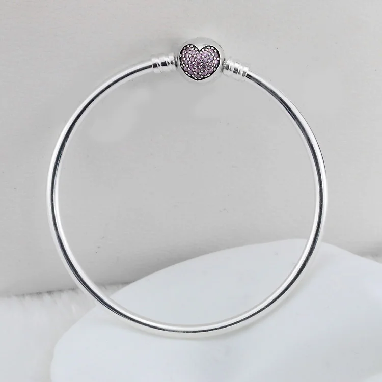 

925 Sterling Silver Bangle Bracelet For Women Sparkling Heart Signature Clasp Pave Clear CZ fit Lady Beads Charms Pendant