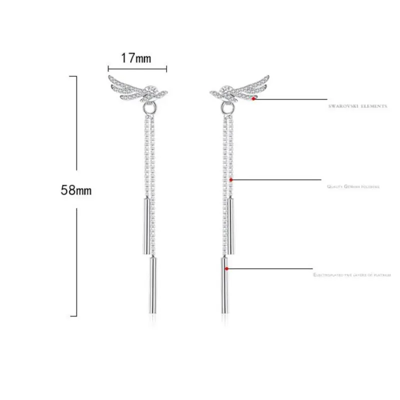 Anenjery, элегантные, модные, 925 пробы, серебряные, хрустальные, крылья ангела, длинные, с кисточками, в коробке, Chian, серьги-гвоздики для женщин, brincos S-E223