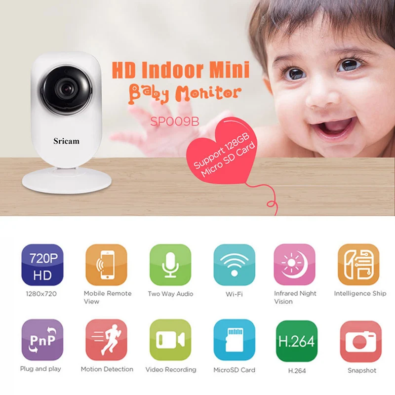 

Sricam SP009B HD 720P Mini Wifi IP Camera Wireless P2P Baby Monitor Network CCTV Security Camera Home Mobile Remote CMOS Webcam