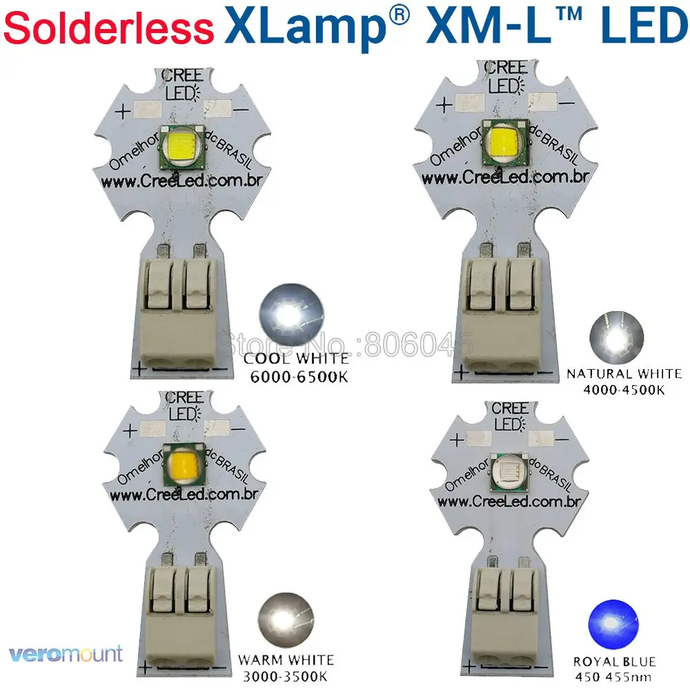 

CREE XML XM-L T6 10W Cool White Neutral White Warm White Royal Blue High Power LED Emitter Bead 20mm Solderless Aluminum PCB