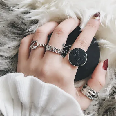 

Hot Unique Antique Silver Plated Ring Set Punk Knuckle Rings for women Girls Finger Marble Ring 4 PCS Open Ring Best Selling R99