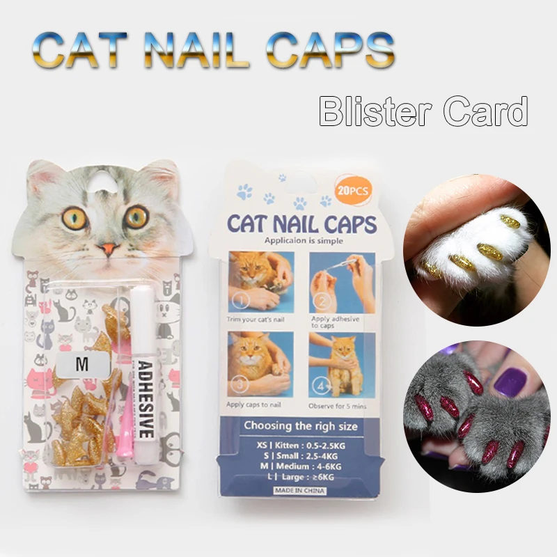 

20 Pcs /lot Blister card Soft Anti-scratch Silicone Cat Nail Caps Pet Paw Claw Protector Grooming With Free Glue And Applicator