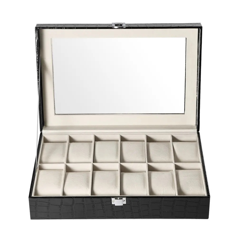 

2017 New Black Imitation Crocodile Leather 12 Slots Watch Box Jewelry Display Storage Watch Case Stand With 12 Removable Pillows