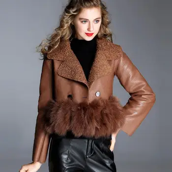 

2020 autumn and winter new small incense leather coat female fur stitching short coat Slim was thin lamb cashmere jacket WJ1841